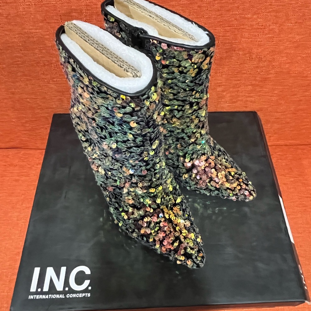 INC International Concepts Gold Sequin Heeled Boots - Picture 2 of 11
